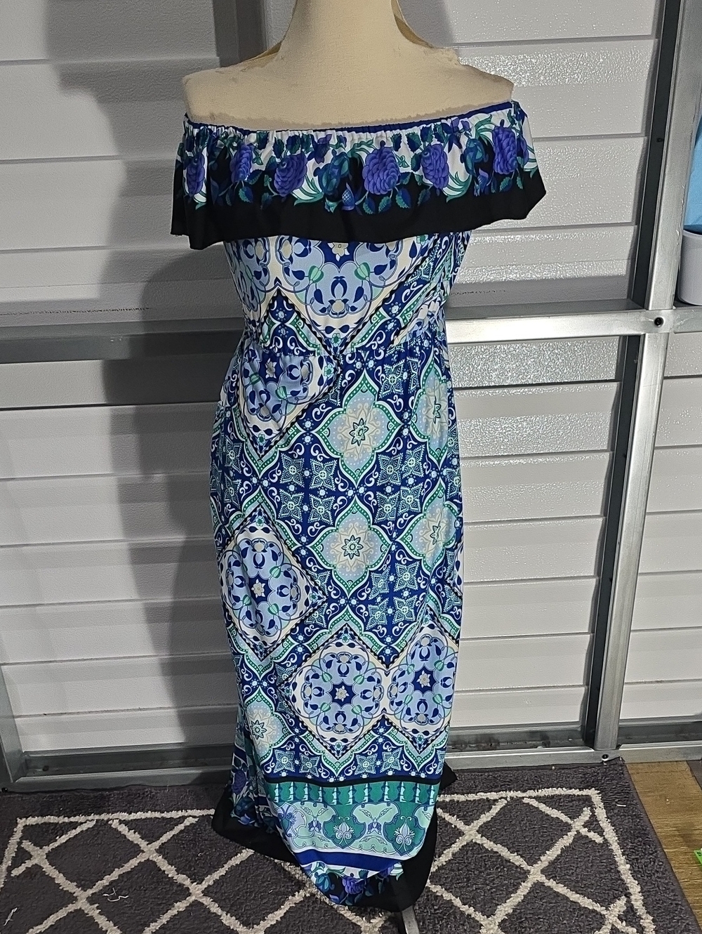 Lapogee Blue Mosaic Off-Shoulder Maxi Dress with Floral Ruffle Size Small